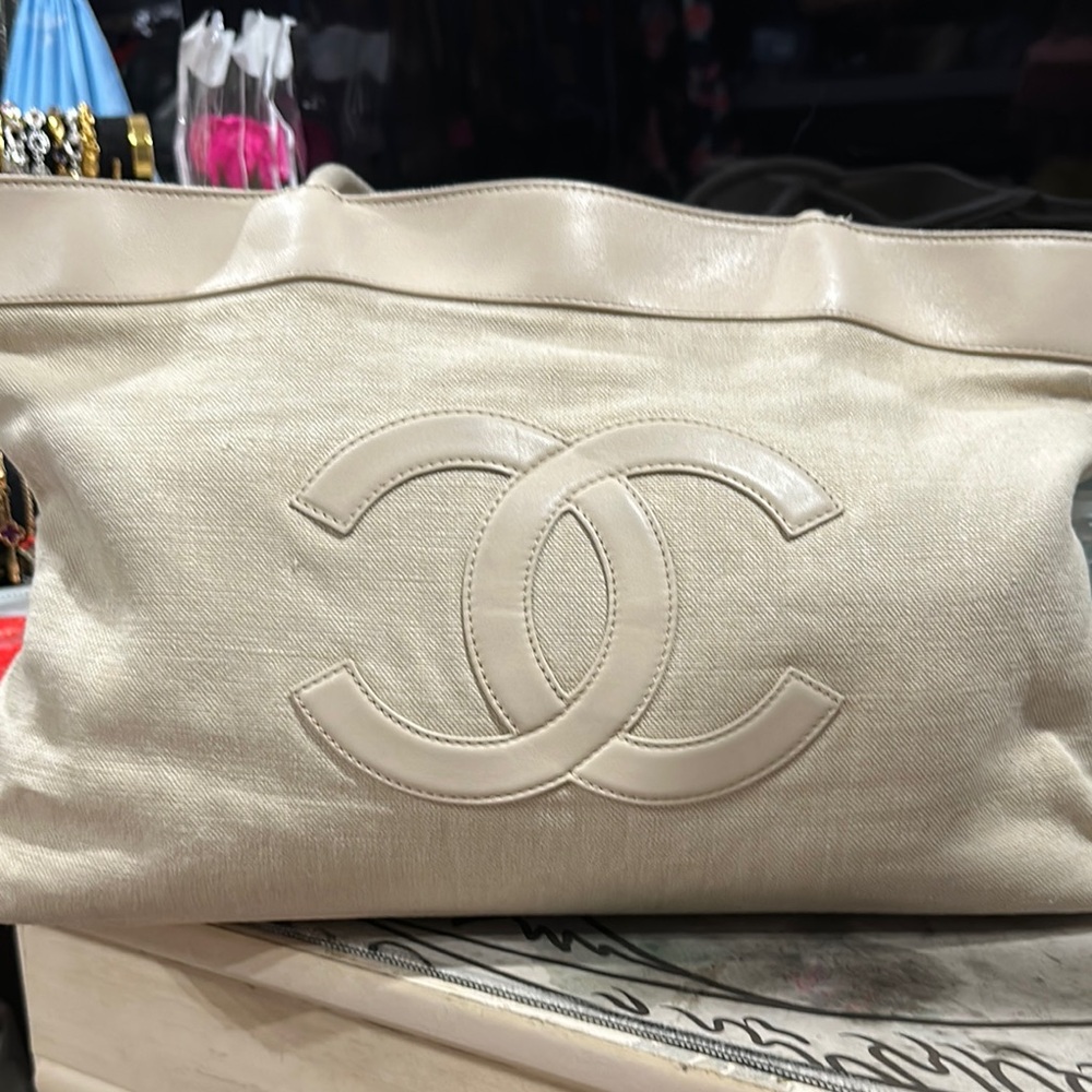 Chanel Cream Canvas Tote with Iconic CC Logo